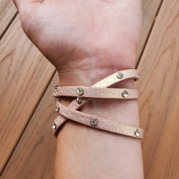 Pastel Pink Faux Leather Wrap Bracelet Rhinestones Glam Party Casual Boho Preppy - Picture 3 of 7